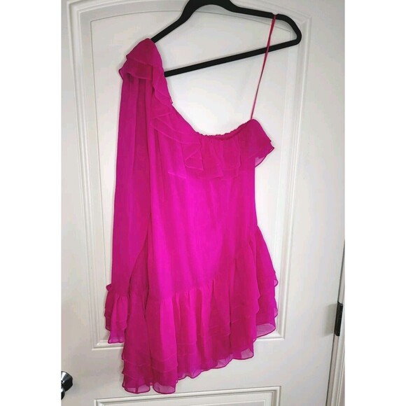 NWT LoveShackFancy NWT Darling One Shoulder Lined Mini Dress 10 Fuschia Pink - Picture 11 of 17